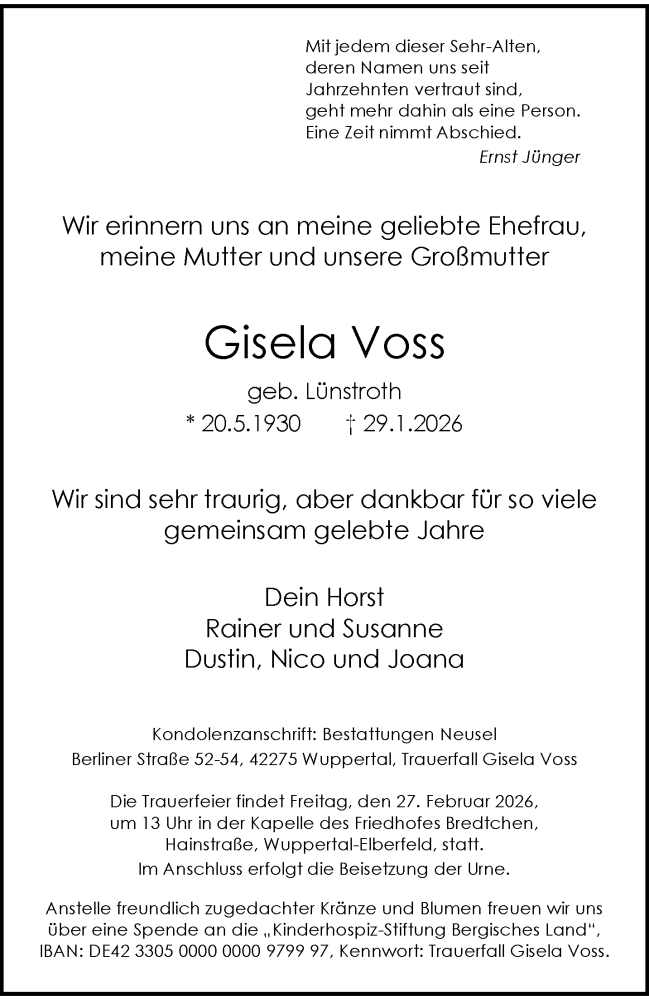  Traueranzeige für Gisela Voss vom 14.02.2026 aus trauer.wuppertaler-rundschau.de