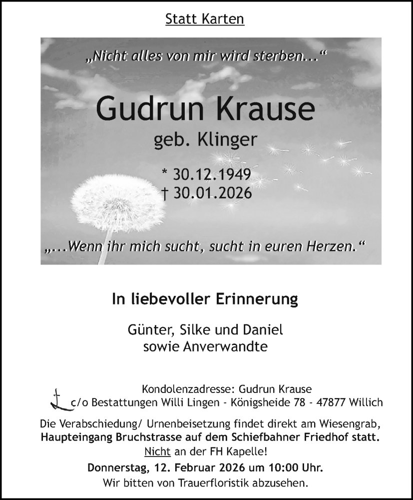  Traueranzeige für Gudrun Krause vom 08.02.2026 aus trauer.panorama-anzeigenblatt.de