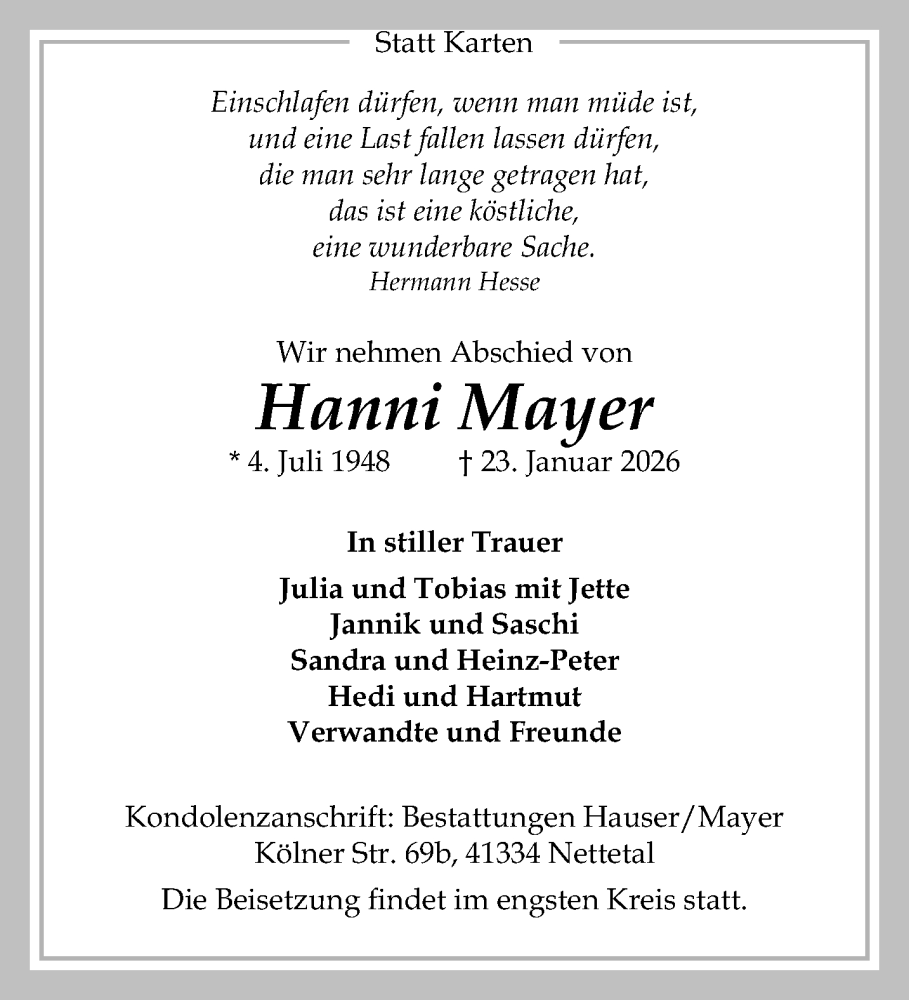  Traueranzeige für Hanni Mayer vom 01.02.2026 aus trauer.panorama-anzeigenblatt.de