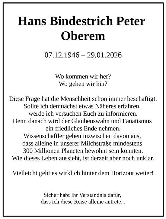 Traueranzeige von Hans Bindestrich Peter von trauer.wuppertaler-rundschau.de