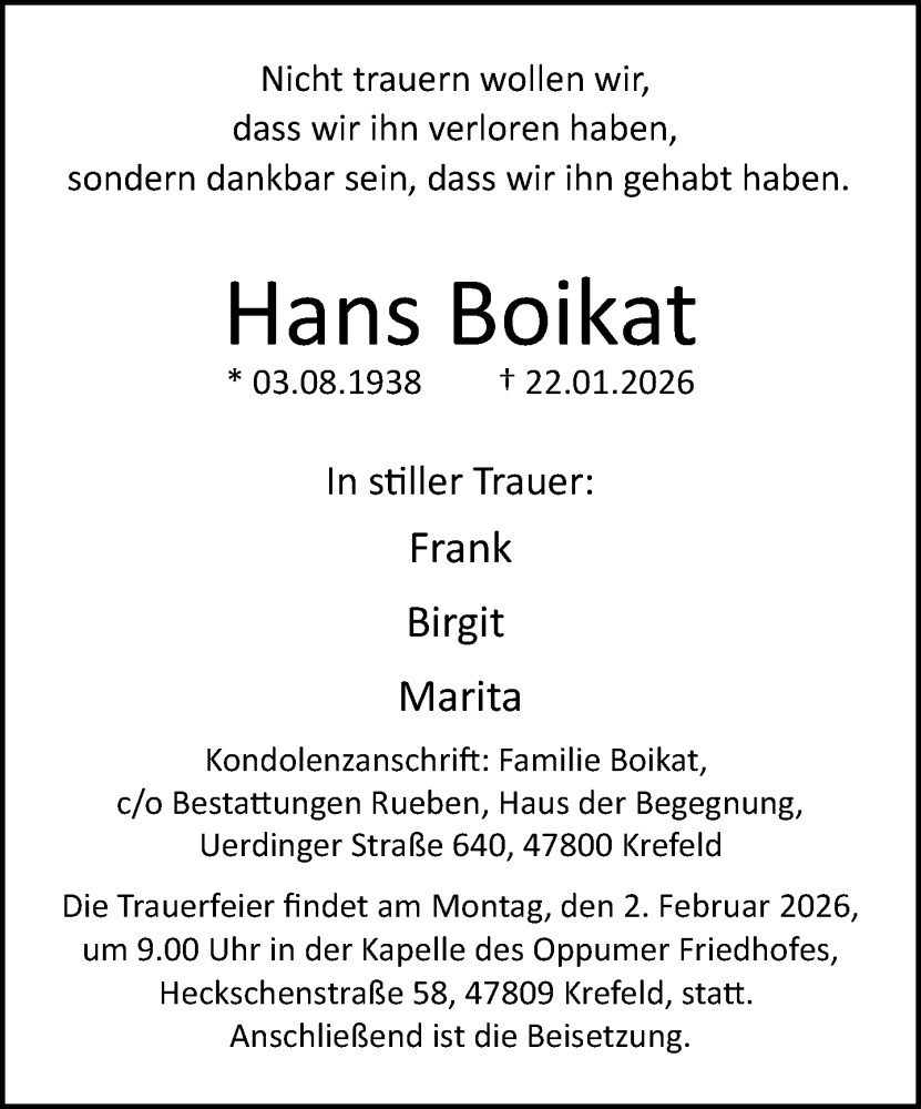  Traueranzeige für Hans Boikat vom 01.02.2026 aus trauer.panorama-anzeigenblatt.de
