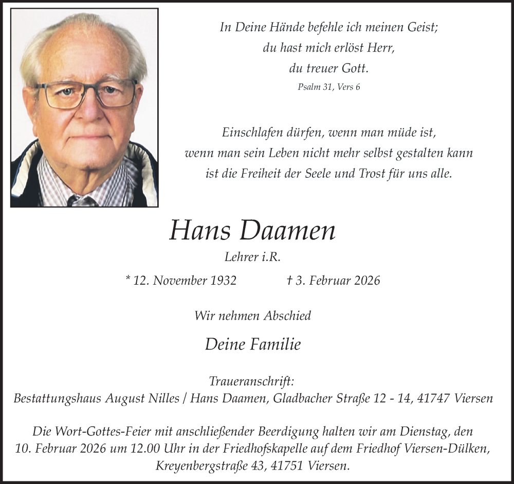  Traueranzeige für Hans Daamen vom 08.02.2026 aus trauer.panorama-anzeigenblatt.de