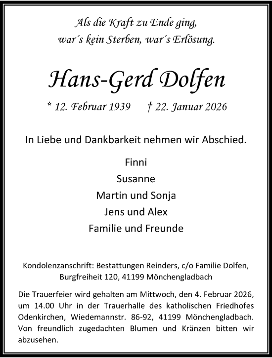 Traueranzeige von Hans-Gerd Dolfen von trauer.panorama-anzeigenblatt.de