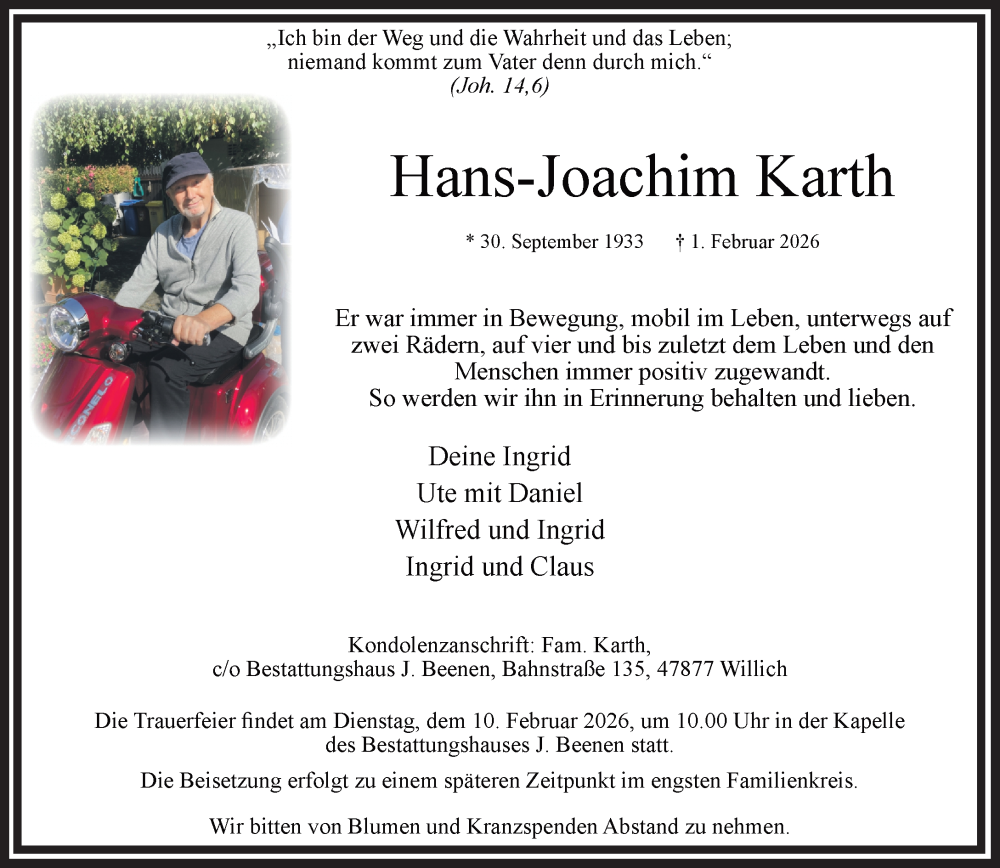  Traueranzeige für Hans-Joachim Karth vom 08.02.2026 aus trauer.panorama-anzeigenblatt.de