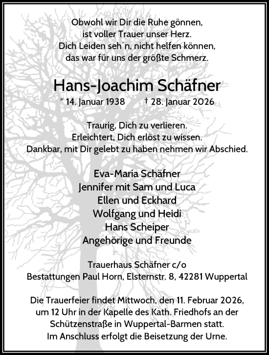 Traueranzeige von Hans-Joachim Schäfner von trauer.wuppertaler-rundschau.de