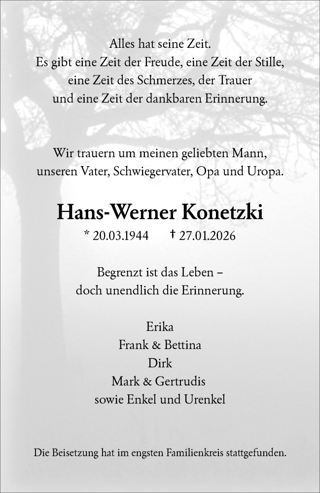  Traueranzeige für Hans-Werner Konetzki vom 21.02.2026 aus trauer.wuppertaler-rundschau.de