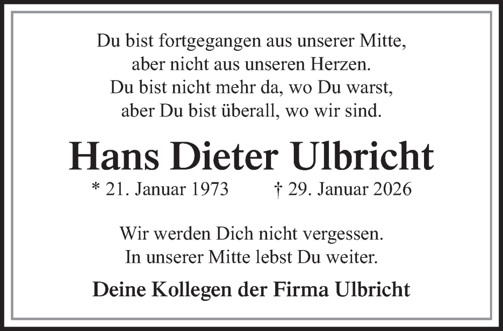  Traueranzeige für Hans Dieter Ulbricht vom 14.02.2026 aus trauer.stadt-kurier.de