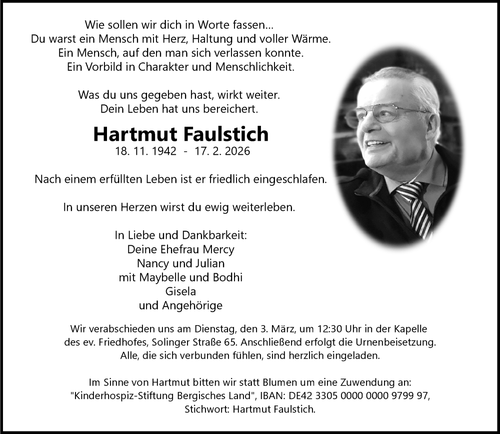  Traueranzeige für Hartmut Faulstich vom 28.02.2026 aus trauer.wuppertaler-rundschau.de