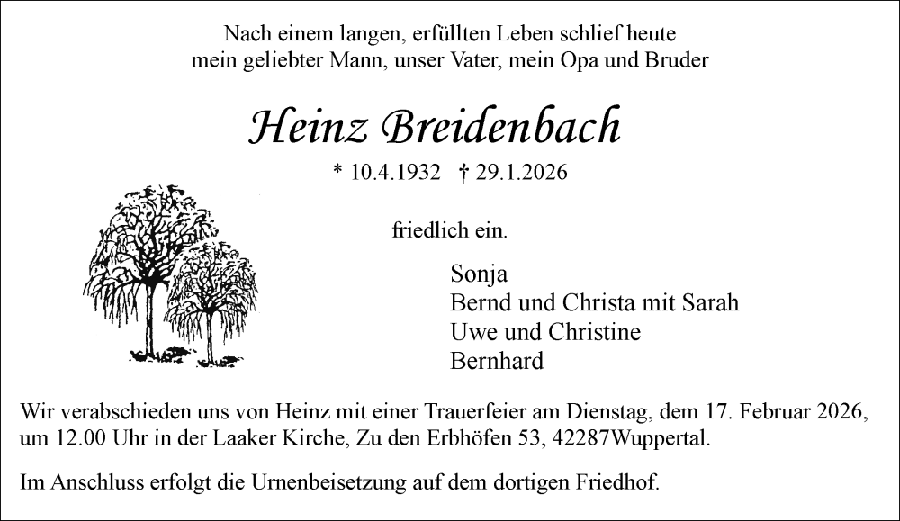  Traueranzeige für Heinz Breidenbach vom 14.02.2026 aus trauer.wuppertaler-rundschau.de