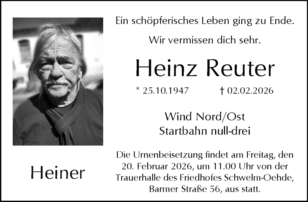  Traueranzeige für Heinz Reuter vom 14.02.2026 aus trauer.wuppertaler-rundschau.de