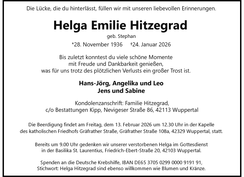  Traueranzeige für Helga Emilie Hitzegrad vom 07.02.2026 aus trauer.wuppertaler-rundschau.de