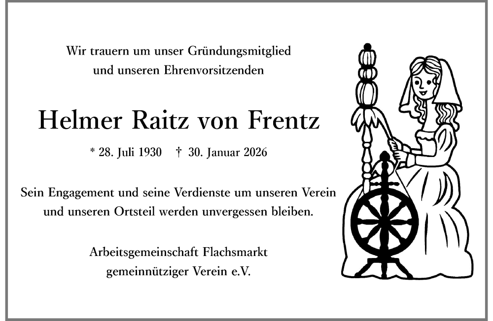  Traueranzeige für Helmer Raitz von Frentz vom 08.02.2026 aus trauer.panorama-anzeigenblatt.de