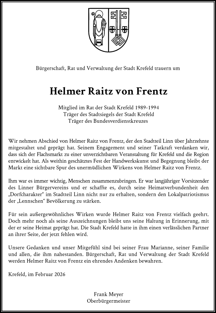  Traueranzeige für Helmer Raitz von Frentz vom 08.02.2026 aus trauer.panorama-anzeigenblatt.de