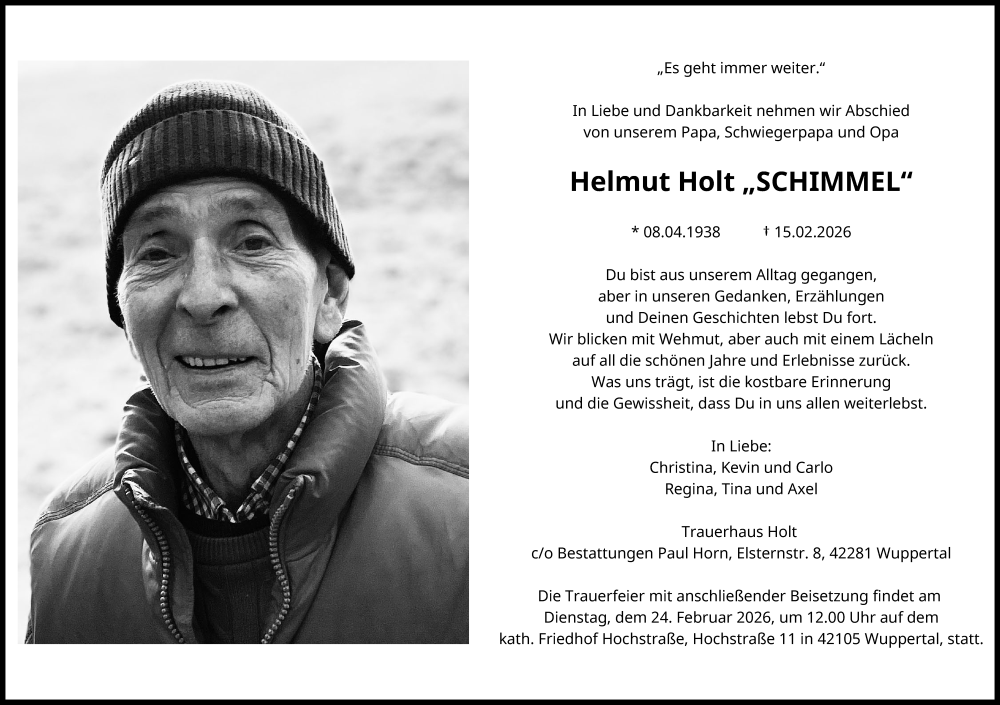  Traueranzeige für Helmut Holt vom 21.02.2026 aus trauer.wuppertaler-rundschau.de