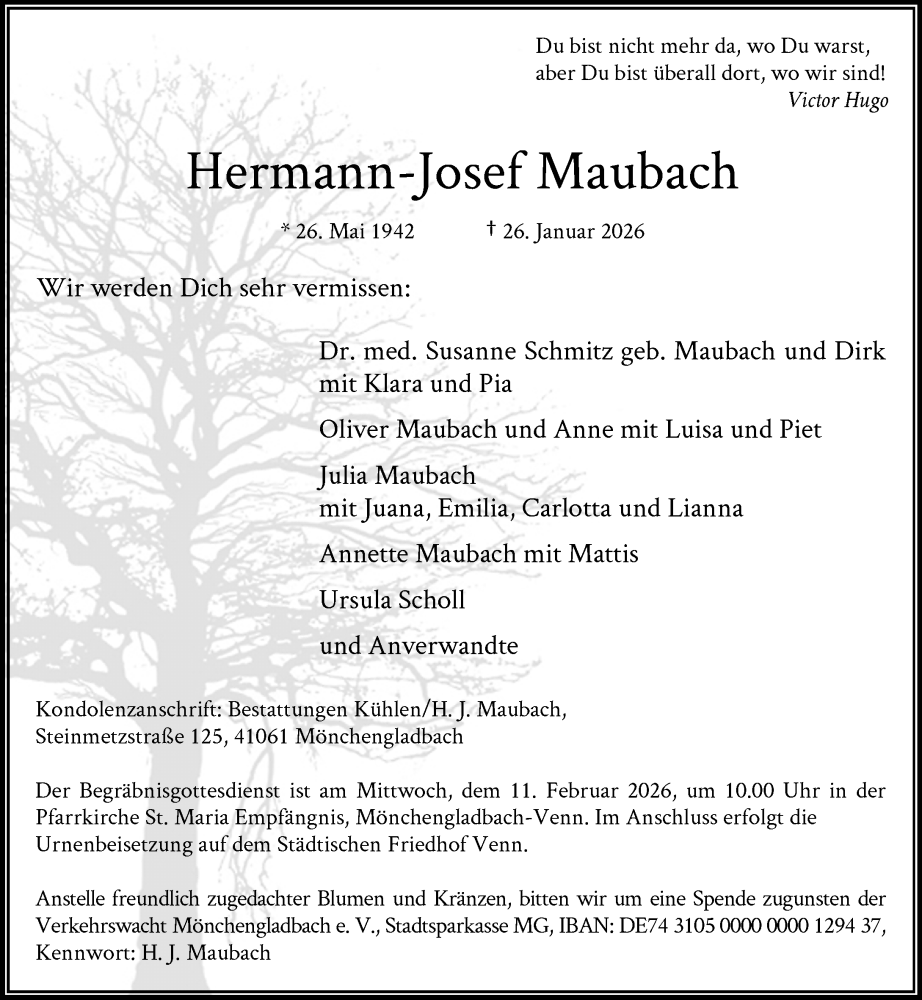  Traueranzeige für Hermann-Josef Maubach vom 01.02.2026 aus trauer.panorama-anzeigenblatt.de