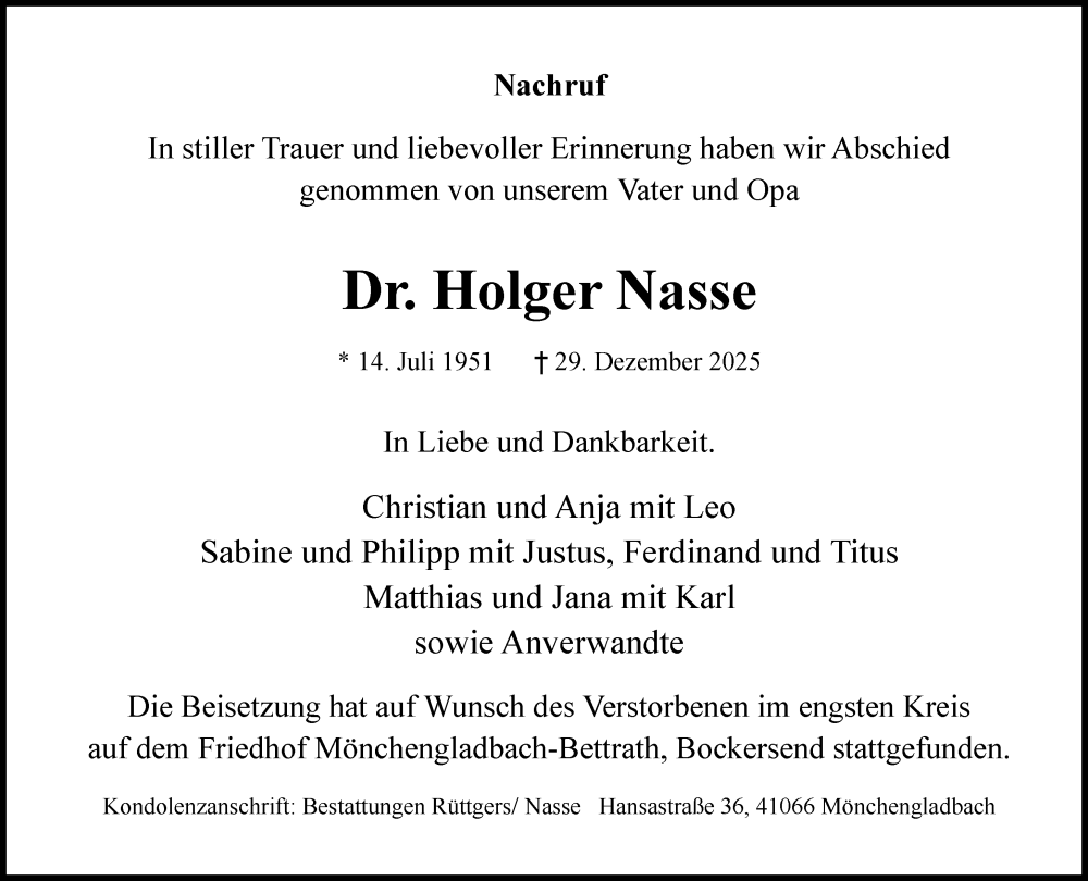  Traueranzeige für Holger Nasse vom 01.02.2026 aus trauer.panorama-anzeigenblatt.de