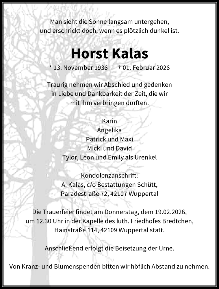  Traueranzeige für Horst Kalas vom 14.02.2026 aus trauer.wuppertaler-rundschau.de