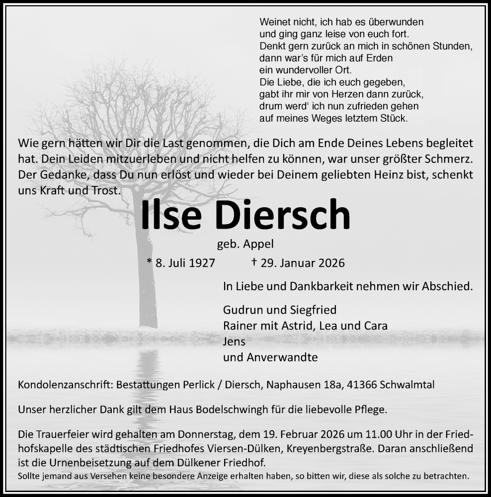  Traueranzeige für Ilse Diersch vom 08.02.2026 aus trauer.panorama-anzeigenblatt.de