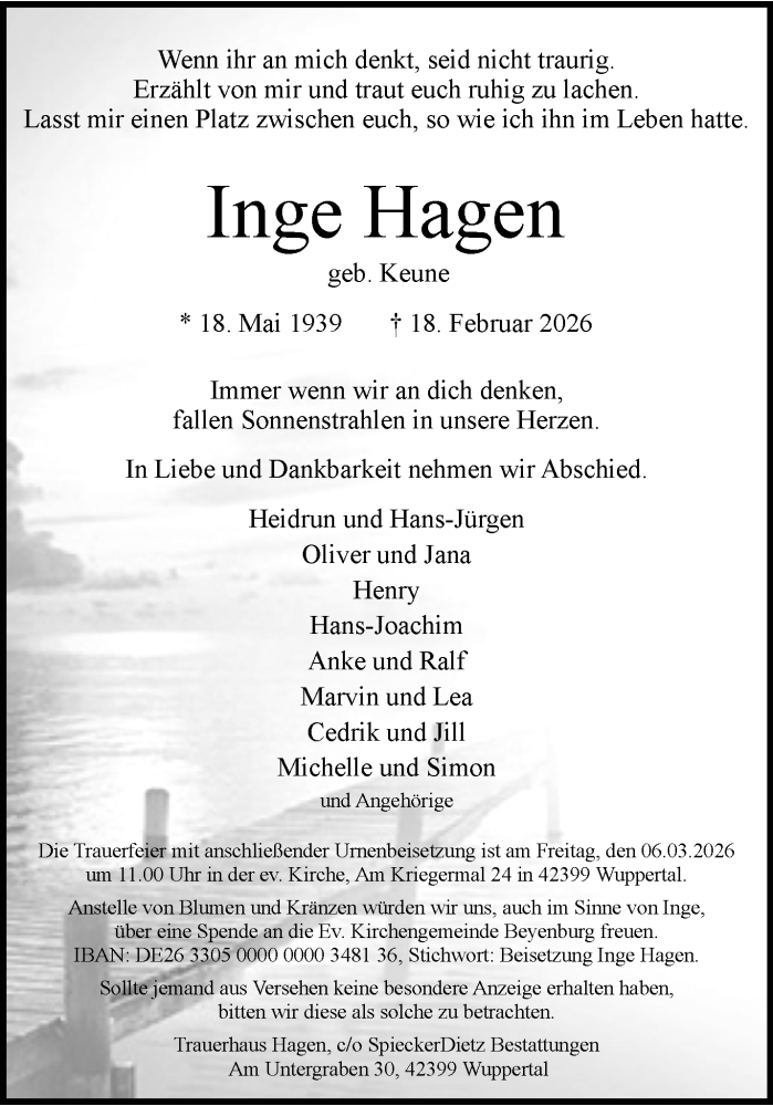  Traueranzeige für Inge Hagen vom 28.02.2026 aus trauer.wuppertaler-rundschau.de