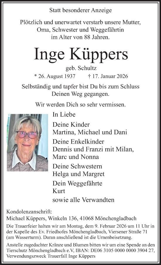 Traueranzeige von Inge Küppers von trauer.panorama-anzeigenblatt.de