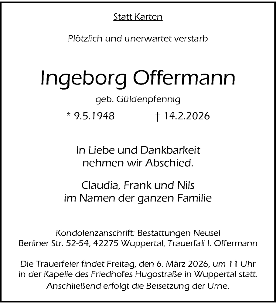  Traueranzeige für Ingeborg Offermann vom 21.02.2026 aus trauer.wuppertaler-rundschau.de