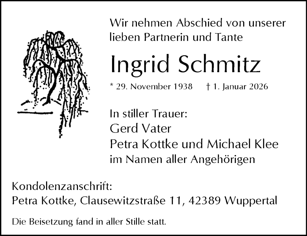  Traueranzeige für Ingrid Schmitz vom 07.02.2026 aus trauer.wuppertaler-rundschau.de