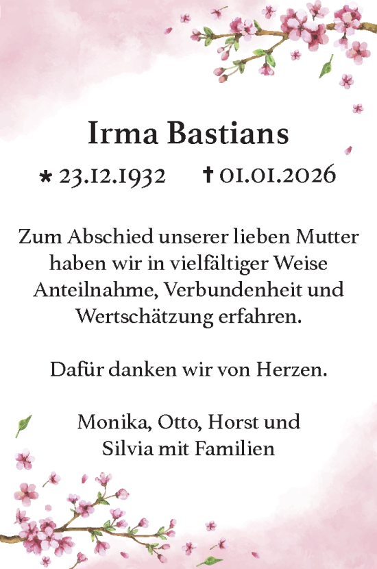 Traueranzeige von Irma Bastians von trauer.panorama-anzeigenblatt.de