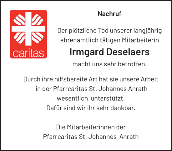 Traueranzeige von Irmgard Deselaers von trauer.panorama-anzeigenblatt.de
