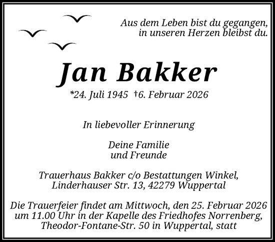 Traueranzeige von Jan Bakker von trauer.wuppertaler-rundschau.de
