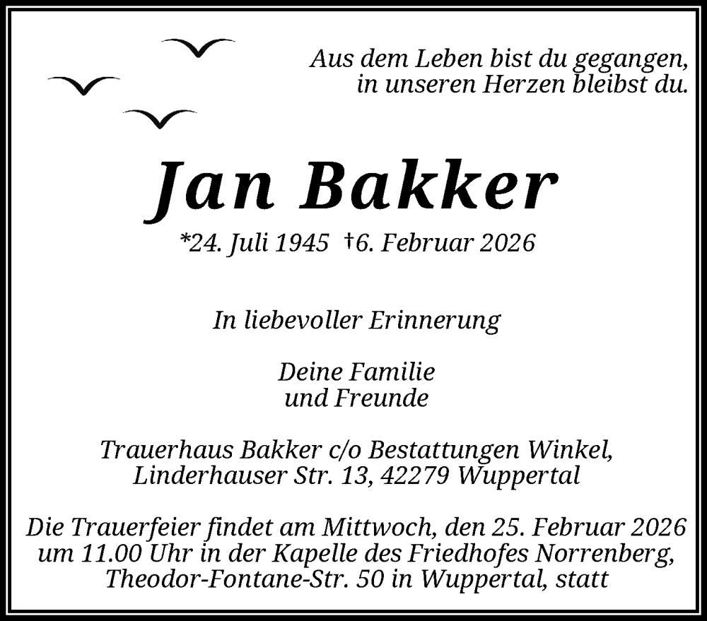  Traueranzeige für Jan Bakker vom 14.02.2026 aus trauer.wuppertaler-rundschau.de