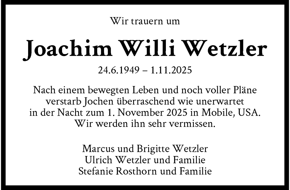  Traueranzeige für Joachim Willi Wetzler vom 01.02.2026 aus trauer.panorama-anzeigenblatt.de