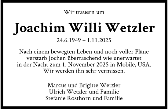 Traueranzeige von Joachim Willi Wetzler von trauer.panorama-anzeigenblatt.de