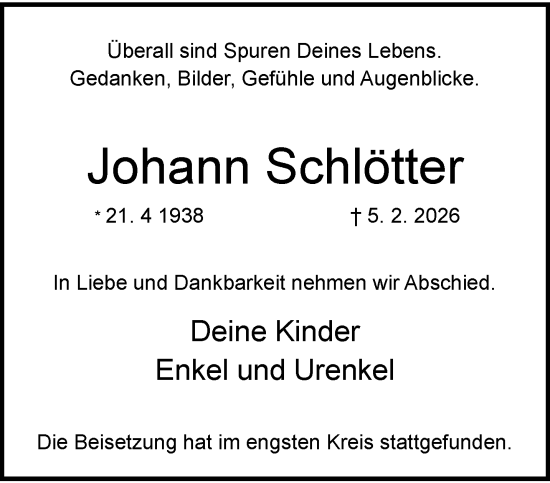 Traueranzeige von Johann Schlötter von trauer.wuppertaler-rundschau.de