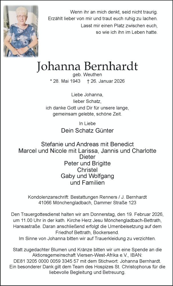  Traueranzeige für Johanna Bernhardt vom 08.02.2026 aus trauer.panorama-anzeigenblatt.de