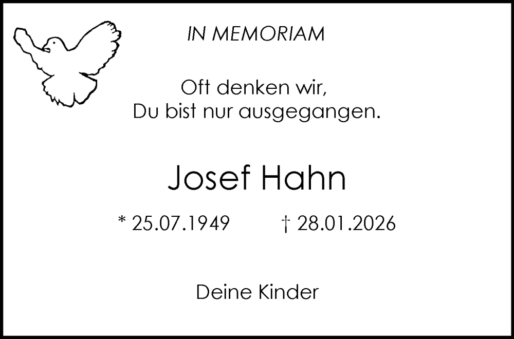  Traueranzeige für Josef Hahn vom 08.02.2026 aus trauer.panorama-anzeigenblatt.de