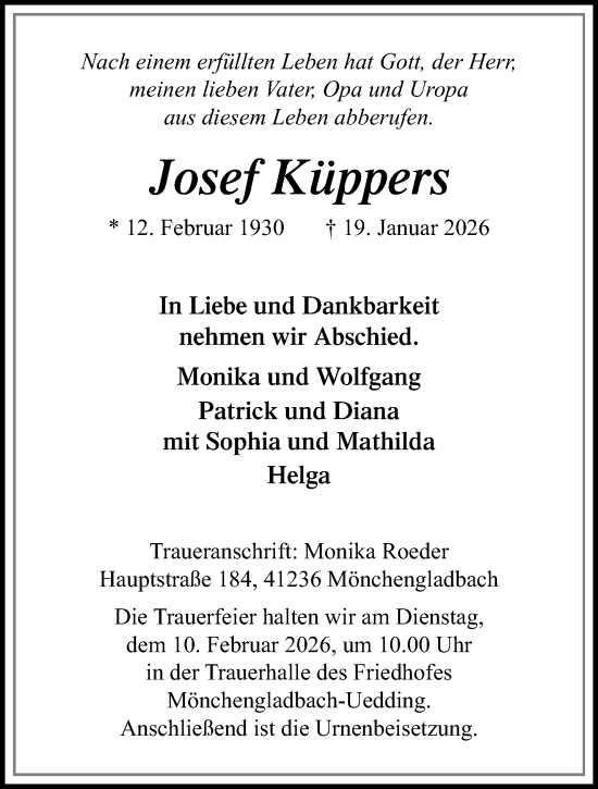 Traueranzeige von Josef Küppers von trauer.panorama-anzeigenblatt.de