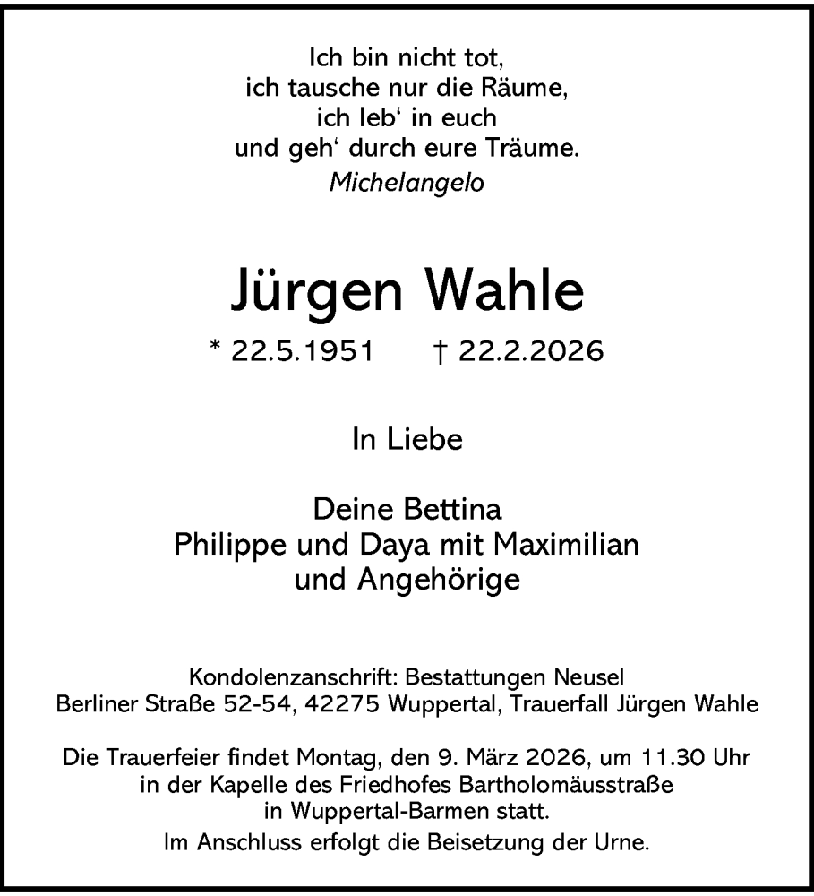  Traueranzeige für Jürgen Wahle vom 28.02.2026 aus trauer.wuppertaler-rundschau.de