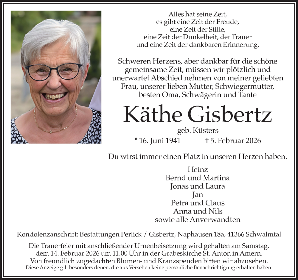  Traueranzeige für Käthe Gisbertz vom 08.02.2026 aus trauer.panorama-anzeigenblatt.de
