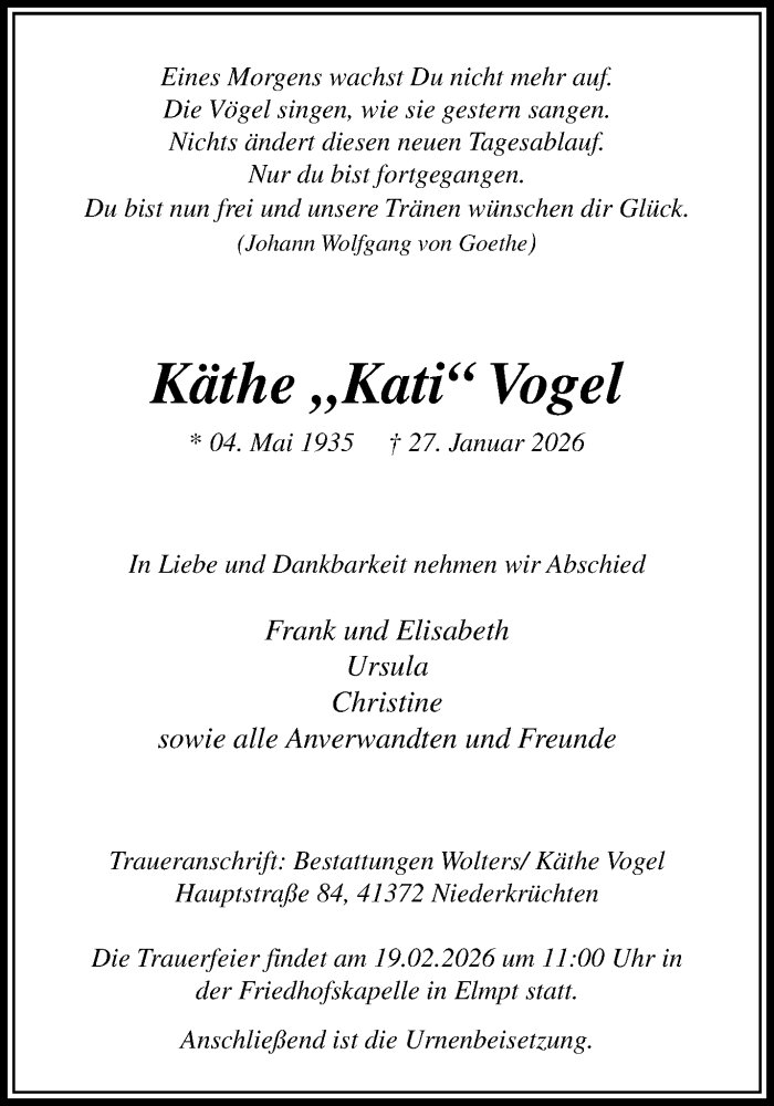  Traueranzeige für Käthe Vogel vom 15.02.2026 aus trauer.panorama-anzeigenblatt.de