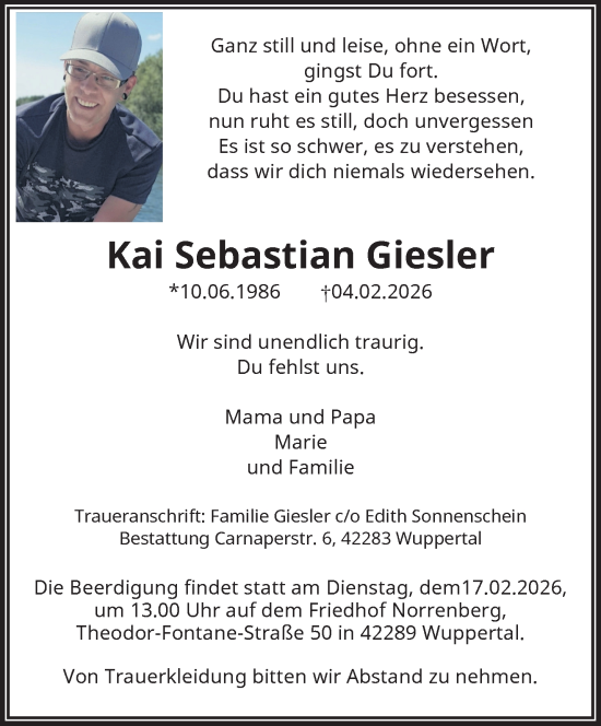 Traueranzeige von Kai Sebastian Giesler von trauer.wuppertaler-rundschau.de
