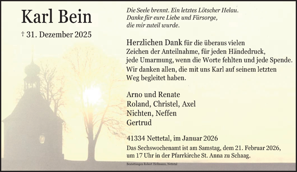  Traueranzeige für Karl Bein vom 08.02.2026 aus trauer.panorama-anzeigenblatt.de
