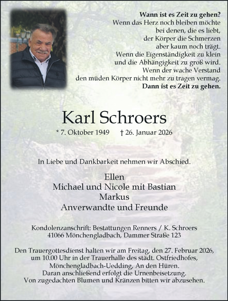  Traueranzeige für Karl Schroers vom 15.02.2026 aus trauer.panorama-anzeigenblatt.de