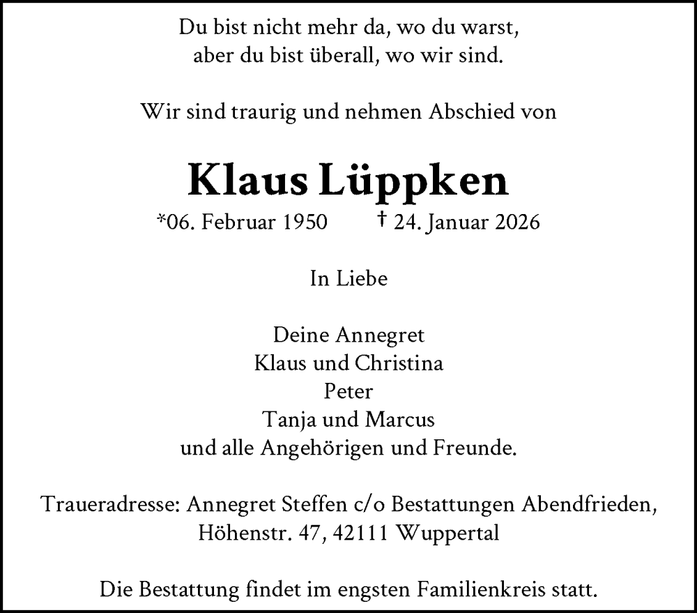  Traueranzeige für Klaus Lüppken vom 07.02.2026 aus trauer.wuppertaler-rundschau.de