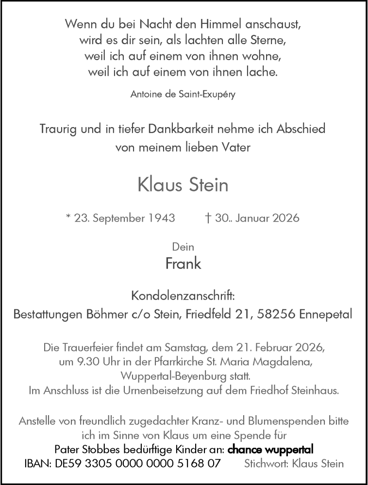  Traueranzeige für Klaus Stein vom 14.02.2026 aus trauer.wuppertaler-rundschau.de