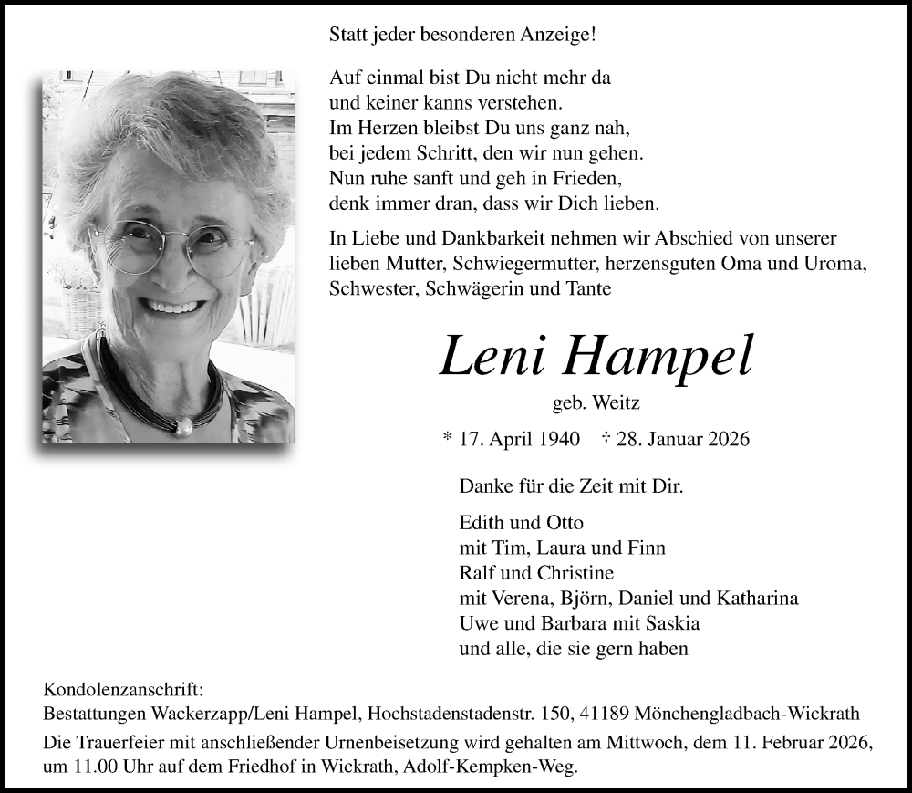  Traueranzeige für Leni Hampel vom 08.02.2026 aus trauer.panorama-anzeigenblatt.de
