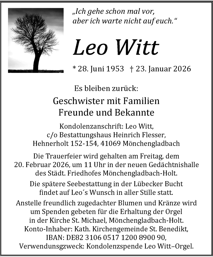  Traueranzeige für Leo Witt vom 15.02.2026 aus trauer.panorama-anzeigenblatt.de