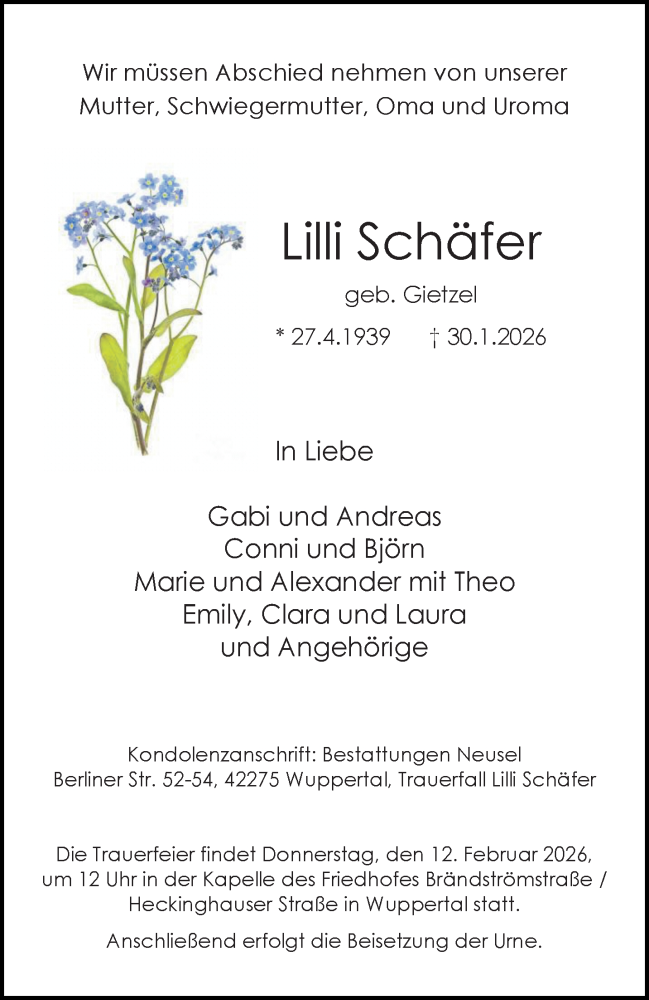  Traueranzeige für Lilli Schäfer vom 07.02.2026 aus trauer.wuppertaler-rundschau.de