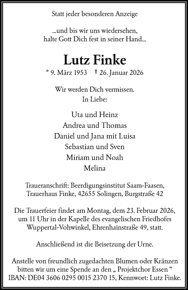  Traueranzeige für Lutz Finke vom 14.02.2026 aus trauer.wuppertaler-rundschau.de
