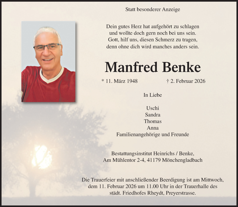  Traueranzeige für Manfred Benke vom 08.02.2026 aus trauer.panorama-anzeigenblatt.de