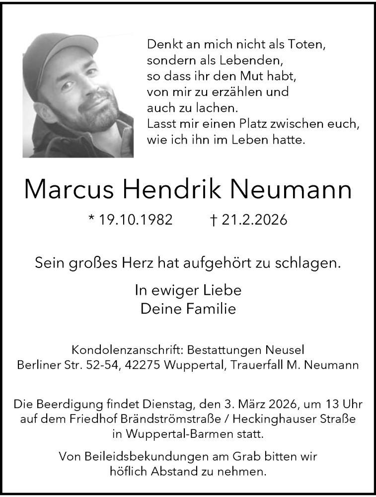  Traueranzeige für Marcus Hendrik Neumann vom 28.02.2026 aus trauer.wuppertaler-rundschau.de